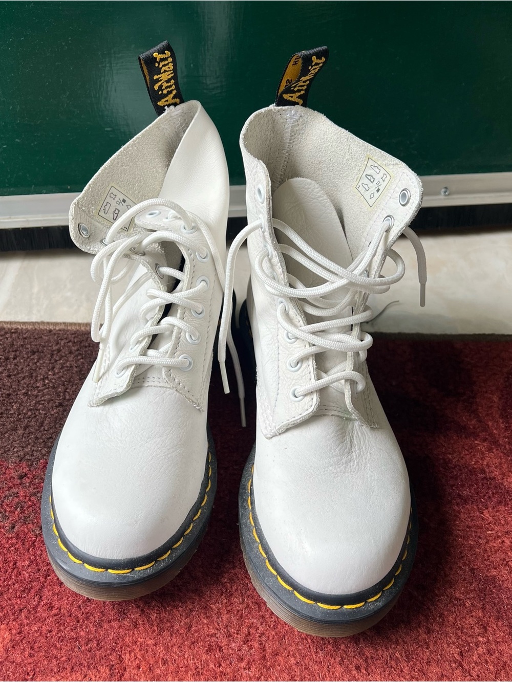 Dr. Martens nos White Lace-Up Combat Boots with Yellow Stitch Accent